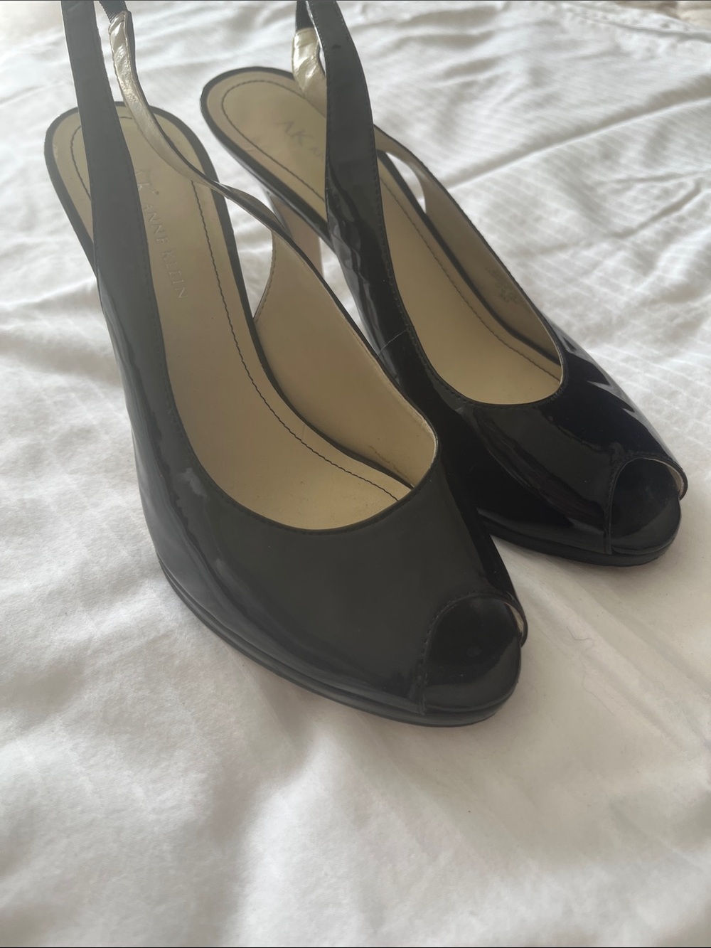 Anne Klein Black Patent Peep-Toe Slingback Heels
